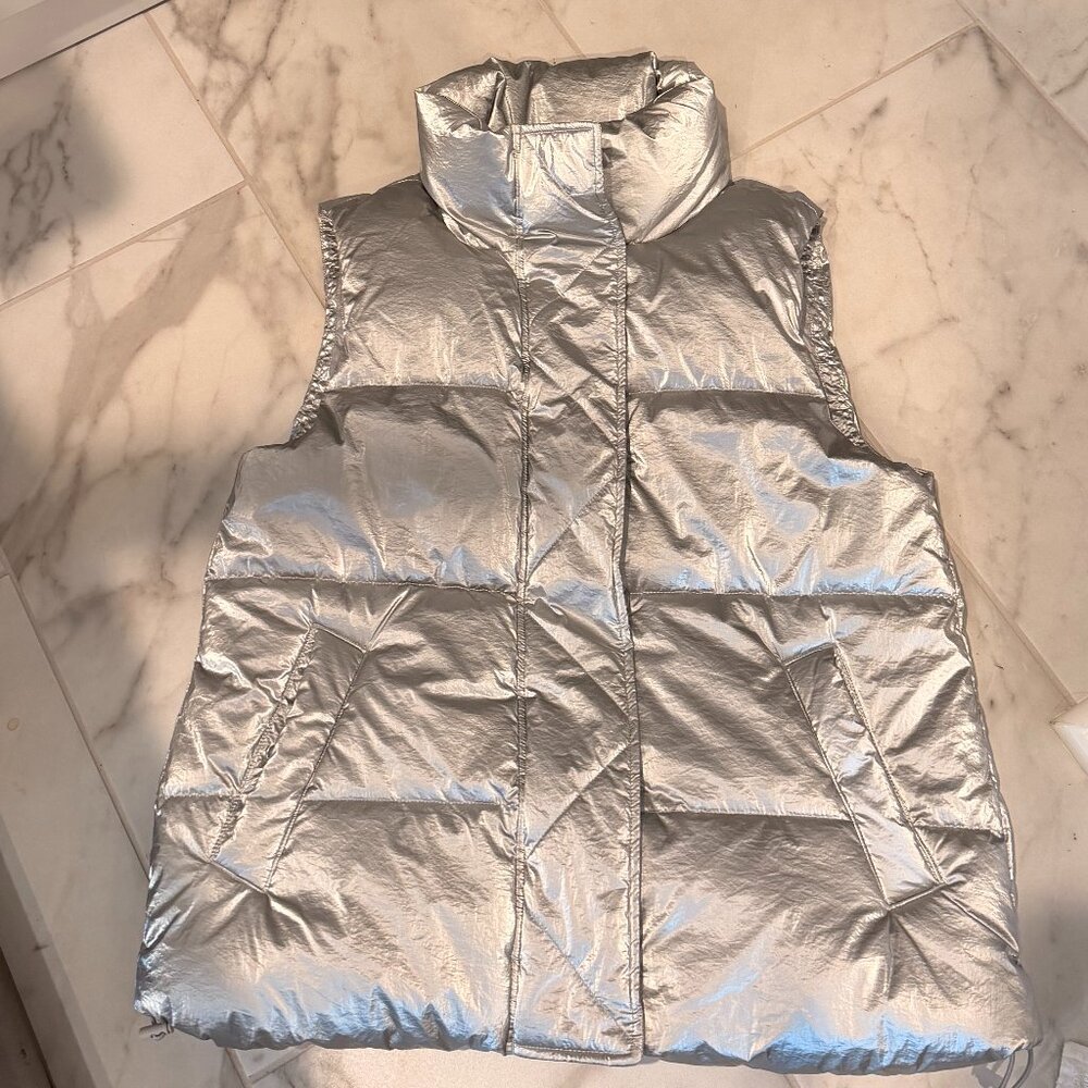 Gap Metallic Silver Puffer Vest | Zip & Snap Closure
